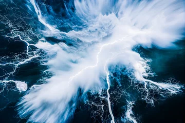 Fotobehang Lightning in the sea, aerial illustration of thunder stom on the water © Henry Letham