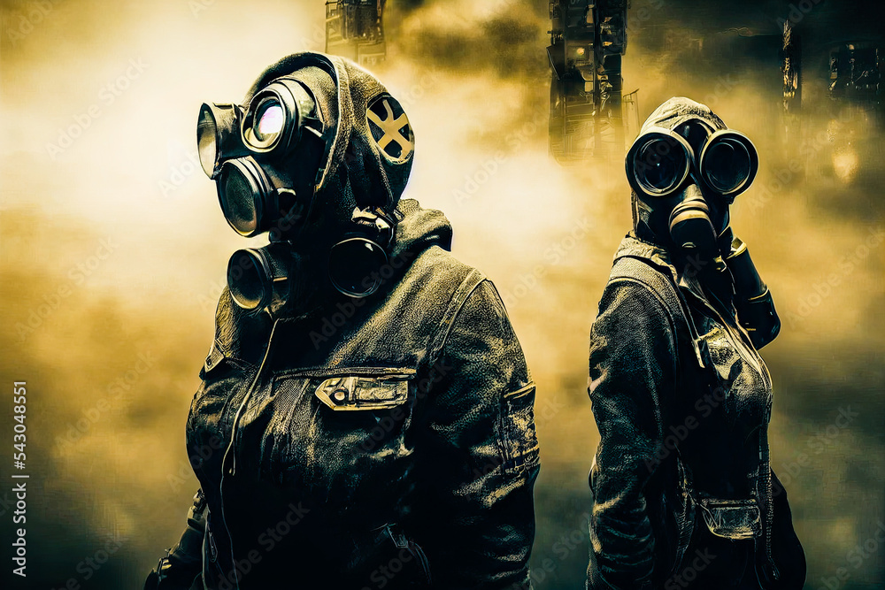 Wall mural two female wasteland soldiers wearing gas masks, post-apocalypse concept