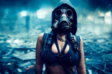 Hot woman with big chest in gas mask, post-apocalyptic landscape - obrazy, fototapety, plakaty