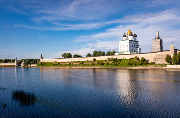 Cityscape of Pskov, Russia. Panorama of the Pskov Kremlin and Trinity Cathedral