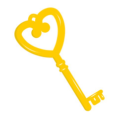A golden key highlighted on a white background is a user interface element. The golden key icon is a cartoon vector. Fairy tales, Magic books or games, an element for the Internet, games and advertisi