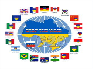 Illustration of G-20 countries flags. Flag and map of Ukraine in the center. Stop the war. G20, top twenty economies of the world. Financial and economic international forum.
