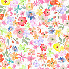 Watercolor  seamless pattern with abstract bright abstract  flowers, leaves, branches. Hand drawn floral illustration isolated on white background. For packaging, wrapping design or print.