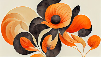 Detailed floral pattern in orange and black as an abstract illustration. Digital art with organic texture, white background. 3D digital rendering.