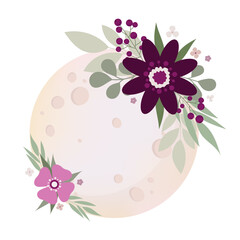  Full moon in flat style. Moon with decorative flowers.