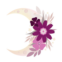 Flower composition with a moon. Vector illustration of the moon and flowers.