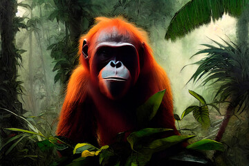 Obraz premium Monkey in the jungle. Illustration for advertising, cartoons, games, print media. Illustration.