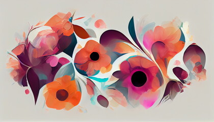 Abstract floral banner. Colorful flowers on a light background. Horizontal poster, greeting cards, headers, baner, website. Digital art. 3d rendering.