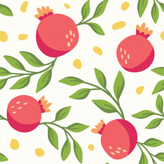 Vector tropical seamless pattern with fruit elements. Hand drawn pomegranate background.