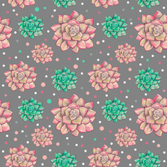 Fototapeta na wymiar Succulent plant, flower seamless pattern on gray background. Floral natural illustration for gift wrapping paper, wallpaper, fabric