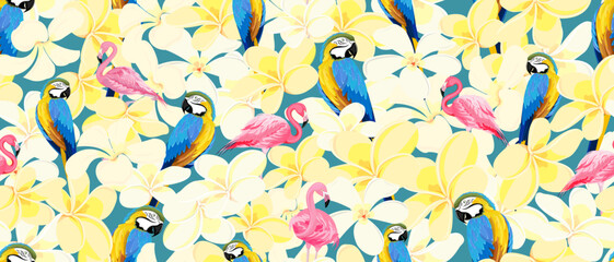 Bright, dynamic, seamless pattern of tropical birds, pink flamingos, macaws and flowers. It is well suited for wallpaper, fabrics, art design