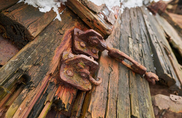 Close up surface of old wooden boat, of old shipyard side.