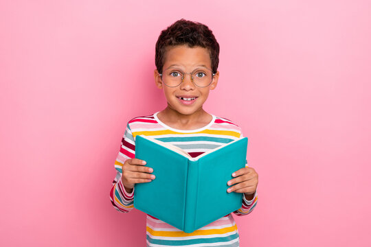 Portrait of cute positive impressed schoolboy wavy hair dressed striped long sleeve holding book isolated on pink color background