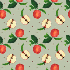 A beautiful pattern with red apples and apples in a section on a pastel green background. Watercolor illustration.