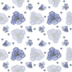 A pattern with blue tulips on a white background. Watercolor illustration.