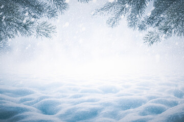Winter Christmas background with snowy pine branches and snow heap - obrazy, fototapety, plakaty