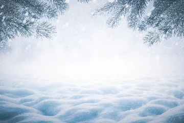 Deurstickers Winter Christmas background with snowy pine branches and snow heap © Ivan Kmit