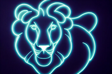 Portrait and face of a powerful and majestic lion. Fluorescent neon and multicolored lights in 3d.