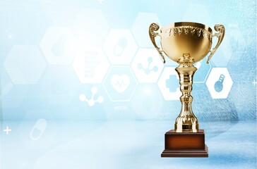Medical award concept, winner cup on the desk
