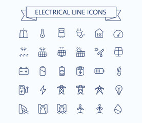 Renewable energy linear thin icons. Solar energy line icons. Editable stroke. 24x24 px. Pixel Perfect.