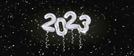 2023 3d Realistic silver, Foil Balloons on confetti silver background on luxury black background . 3d rendering Merry Christmas and Happy New Year 2023 greeting banner. 