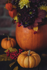 Autumn bouquet of bright flowers in a pumpkin handmade vase. Cozy home atmosphere, fall decor. Dark wooden background