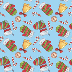Seamless Witer Christmas Watercolor Background with Mittens, Socks and Christmas Bells, Candy and Cookies.