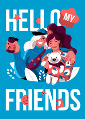 Poster with happy girlfriends in a flat style