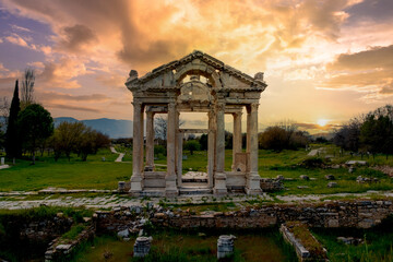Famous Tetrapylon Gate in Aphrodisias ancient city. Archaeological and historical sites of modern...