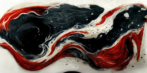 Mixing colors. Fluid magic. Creative painting. red white black stream of liquid paint floating. Marble effect, abstract background