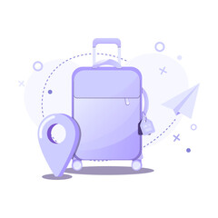 Suitcase on wheels with tag, paper airplane and navigation map pin on abstract gradient background. Travel, summer holidays, booking, planning a vacation and tourism concept