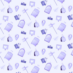 Seamless pattern with travel elements like a suitcase, camera or ticket on purple background for poster, banner, wallpaper. Wrapping Paper Pattern, scrapbook patterns, textile and other design