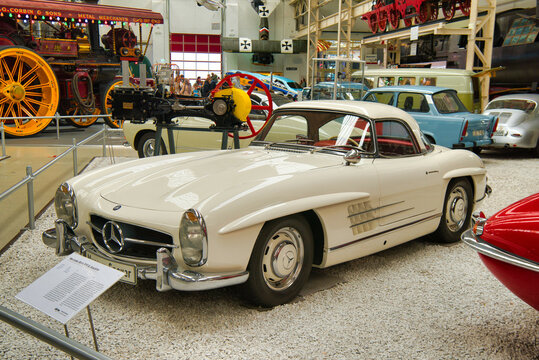 SPEYER, GERMANY - OCTOBER 2022: white Mercedes-Benz 300 SL W198 1957 cabrio roadster in the Technikmuseum Speyer