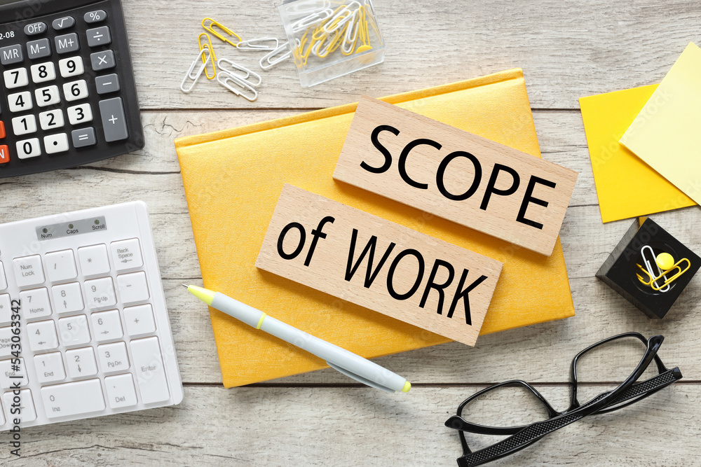 Fototapete scope of work text on wooden blocks on yellow notepad