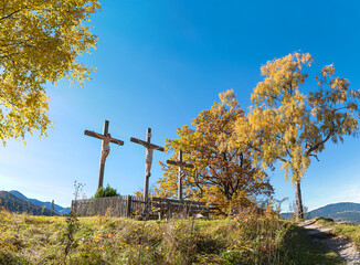 calvary hill with three crosses, crucifixion scene in autumnal landscape, Fischbachau