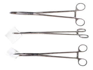 Metal medical pliers with and without gauze on an isolated background.