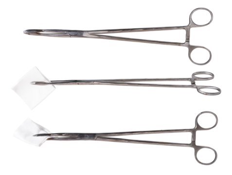 Metal medical pliers with and without gauze on an isolated background.