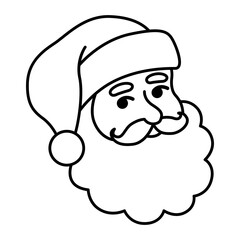 Santa Claus face. Holiday design. Happy New Year symbol. Hand drawn vector illustration. Isolated black object on white background.