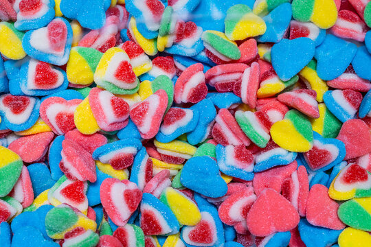 Colorful Sour And Sweet Candy, Mutitude Of Candy In A Bowl, Texture Of Sugar Covered Candy In A Lot Of Vibrant Colors.