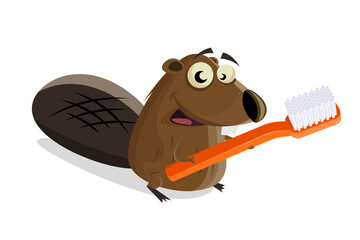 funny cartoon beaver with toothbrush