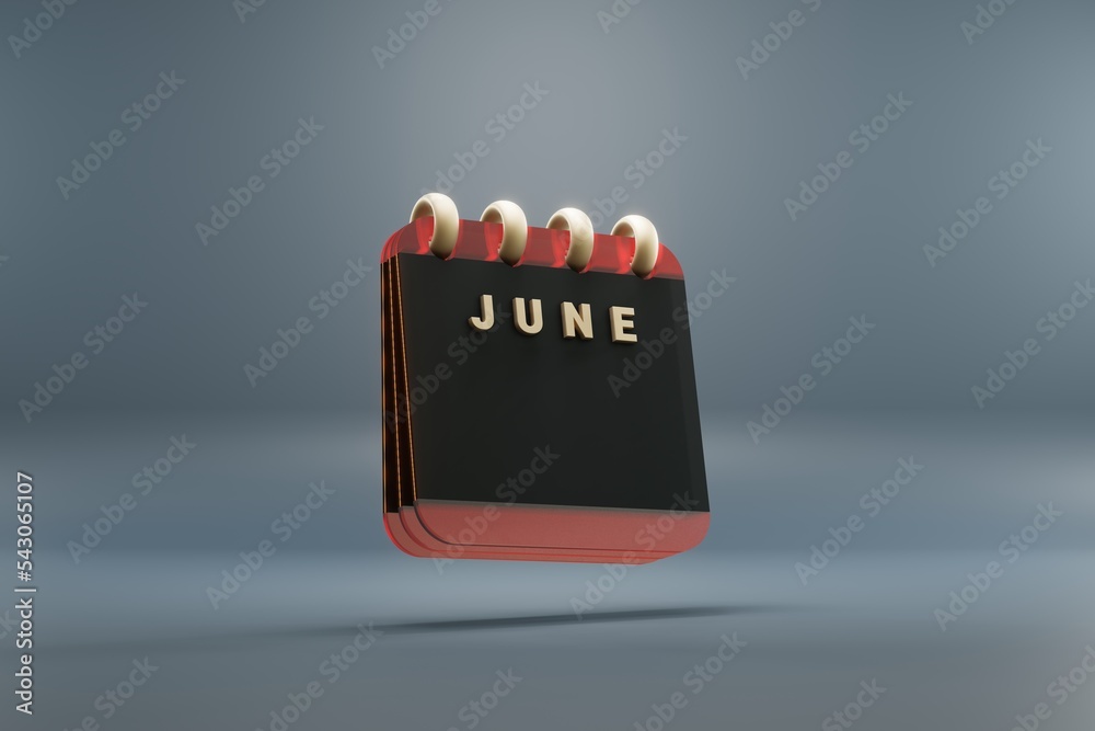 Poster Standing black and red month lined desk calendar with date June . Modern design with golden elements, 3d rendering illustration. Blue gray background..