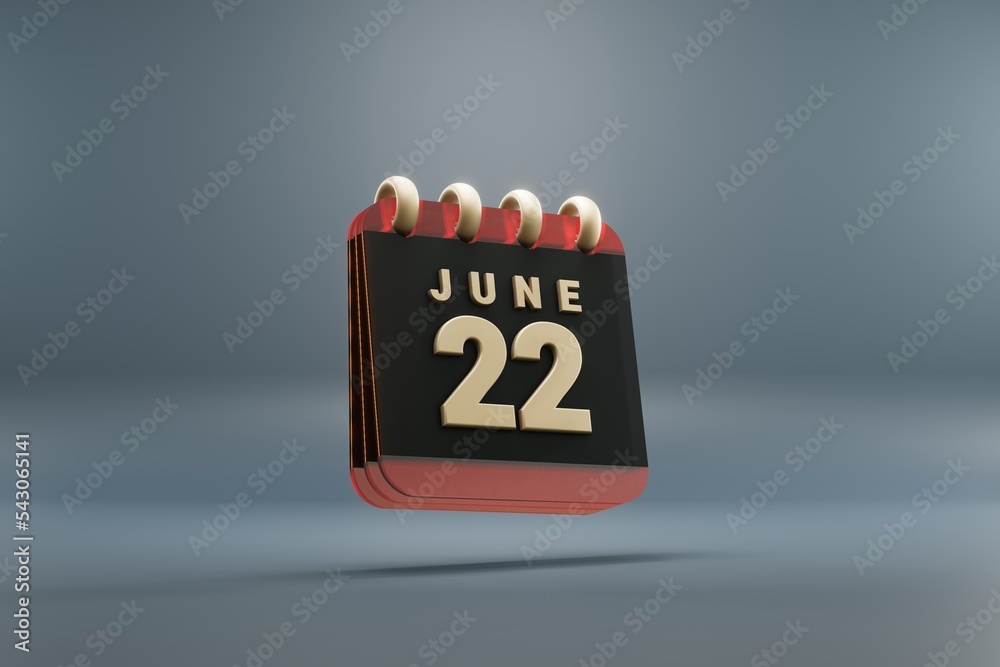 Poster Standing black and red month lined desk calendar with date June 22. Modern design with golden elements, 3d rendering illustration. Blue gray background..
