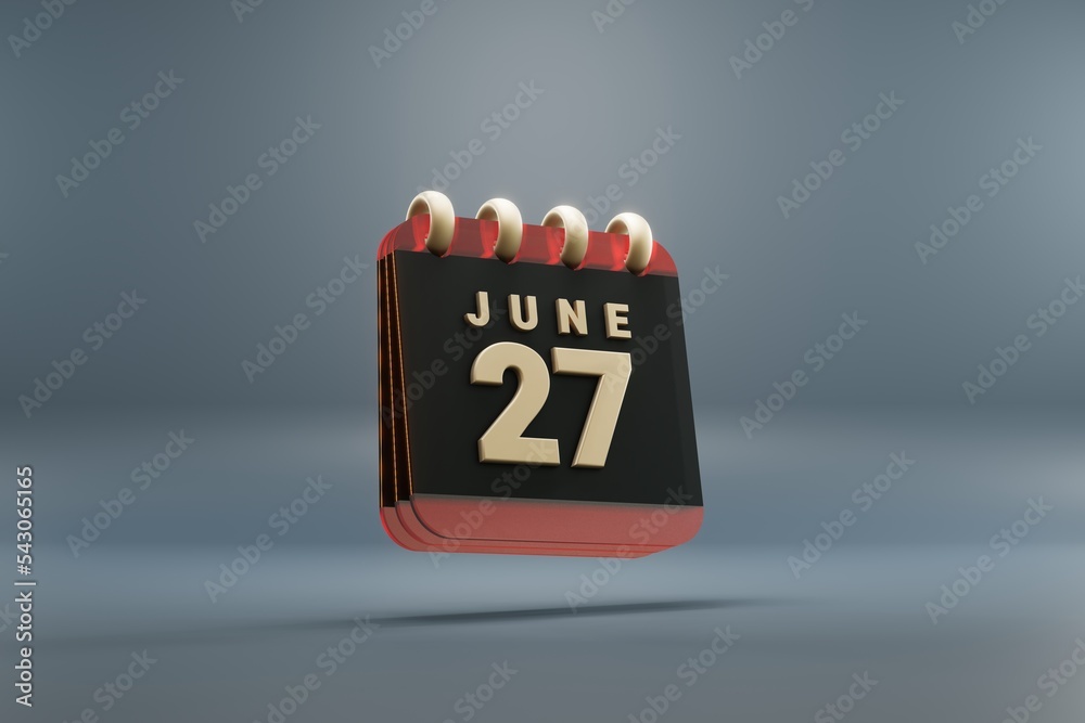 Poster Standing black and red month lined desk calendar with date June 26. Modern design with golden elements, 3d rendering illustration. Blue gray background..