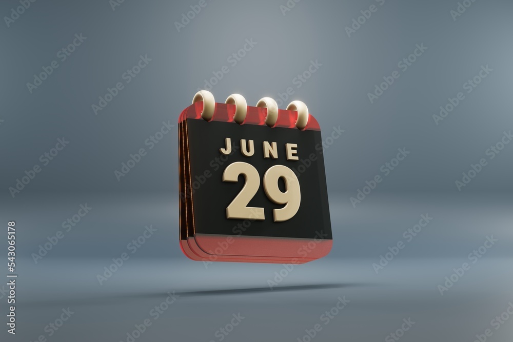 Poster Standing black and red month lined desk calendar with date June 29. Modern design with golden elements, 3d rendering illustration. Blue gray background..
