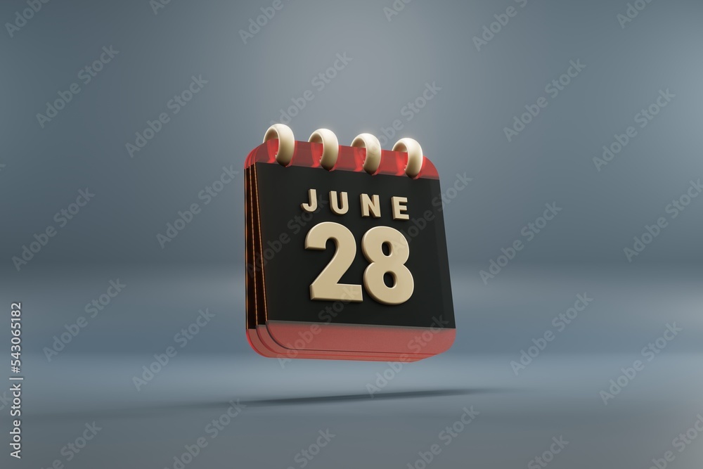 Poster Standing black and red month lined desk calendar with date June 28. Modern design with golden elements, 3d rendering illustration. Blue gray background..