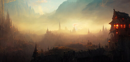 Concept art illustration of fantasy medieval village