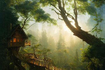 Fototapeta premium Concept art illustration of hermitage or forester lodge in the woods