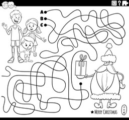 maze with Santa Claus with gift and kids coloring page
