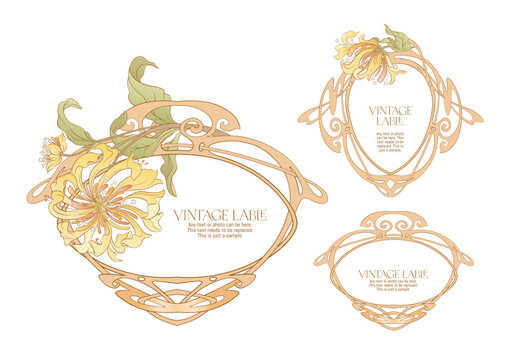 Decorative flowers and leaves in art nouveau style, vintage, old, retro style. Border, frame, template for product label, cosmetic packaging. Easy to edit. Vector illustration.