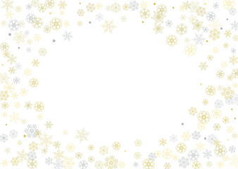 Gold snowflakes frame on white background. New year theme. Horizontal shiny Christmas frame for holiday banner, card, sale, special offer. Falling snow with gold snowflake and glitter for party invite